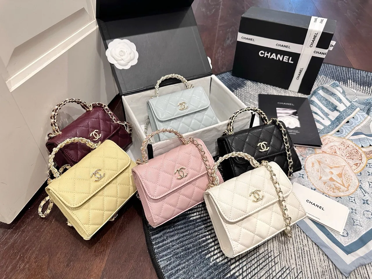 Chanel Pearl-Handle Mini Bag in Yellow / Burgundy / Blue / Black / Pink / White · view 3