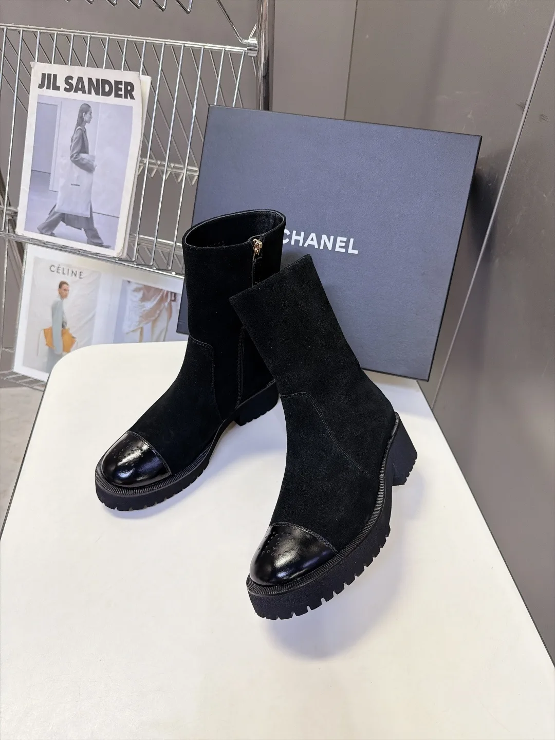 Chanel Cowhide Patent Leather Suede-Look Pointed-Toe Ankle Boots in Black · view 4