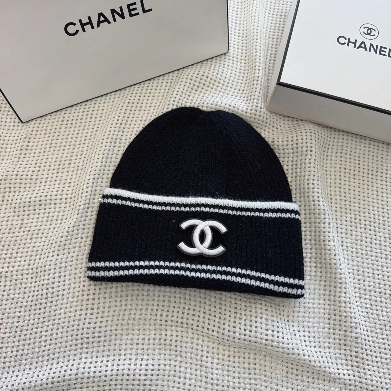 Chanel Striped CC beanie in Black & White & Cream · view 1