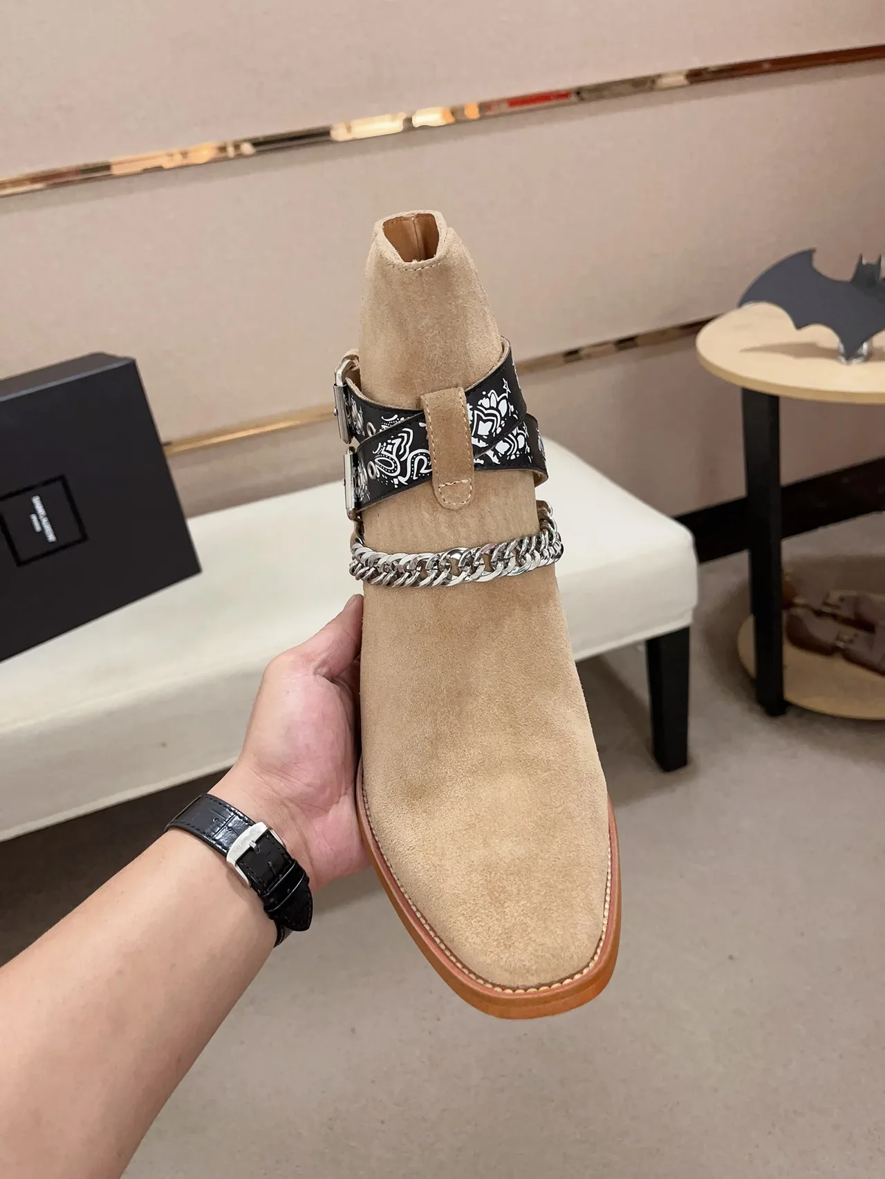 Saint Laurent Cowhide Suede-Look Square-Toe Ankle Boots in Tan · view 2