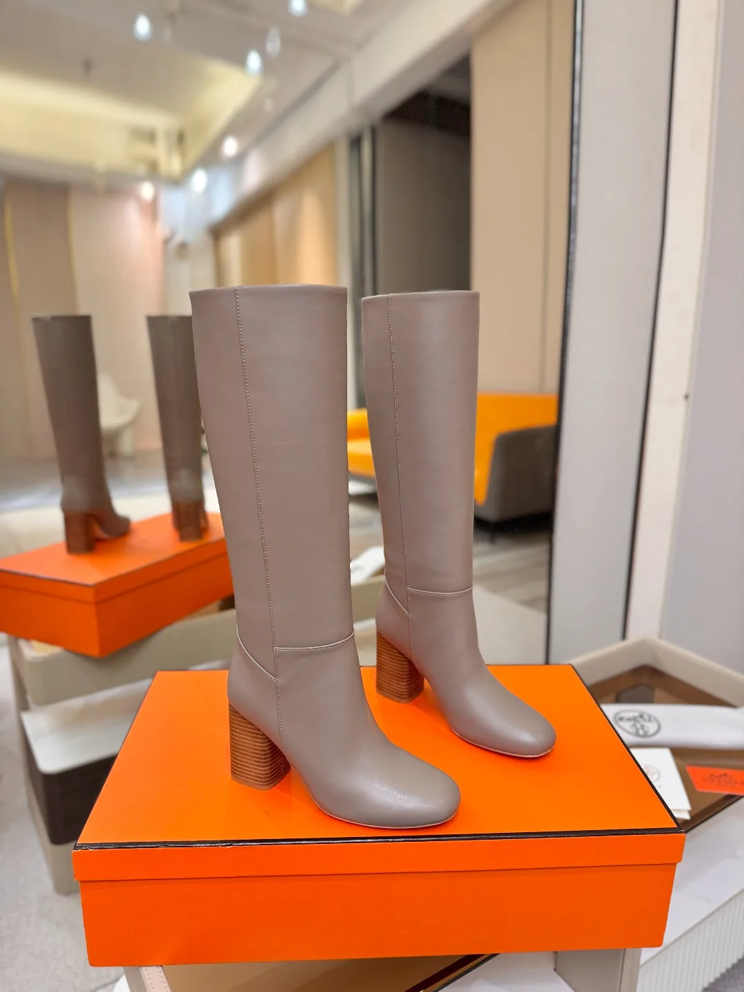Hermes Cowhide Knee-High Boots in Grey · view 2