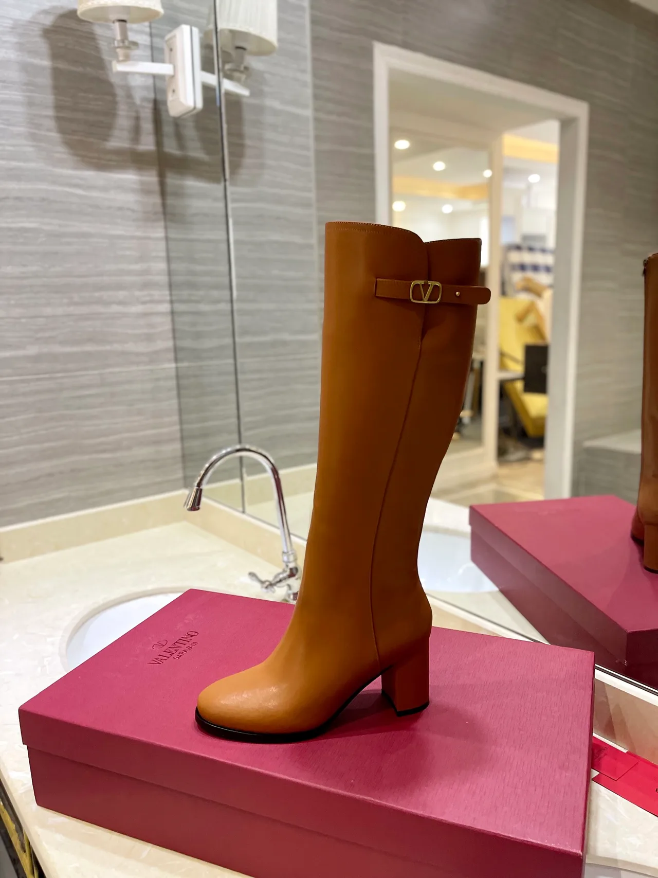 Valentino Leather Glossy Buckle Knee-High Boots in Brown · view 5