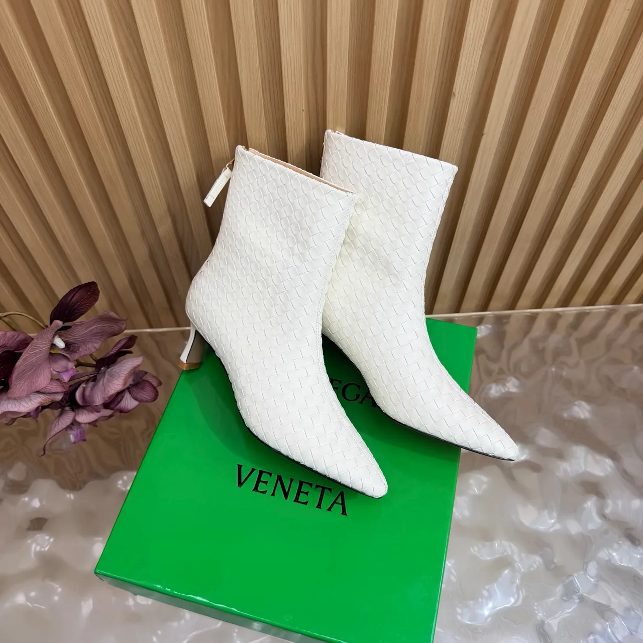 Bottega Veneta Pointed-Toe Woven Ankle Boots in White · view 3