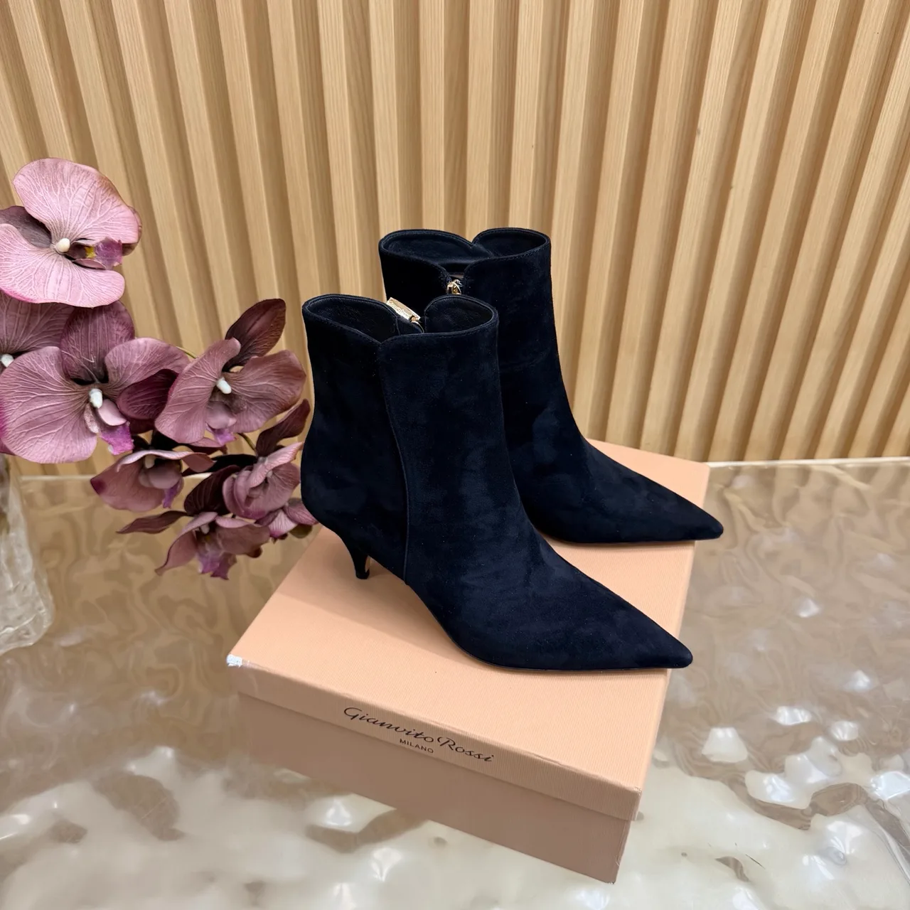 Gucci Suede-Look Pointed-Toe Ankle Boots in Black · view 1