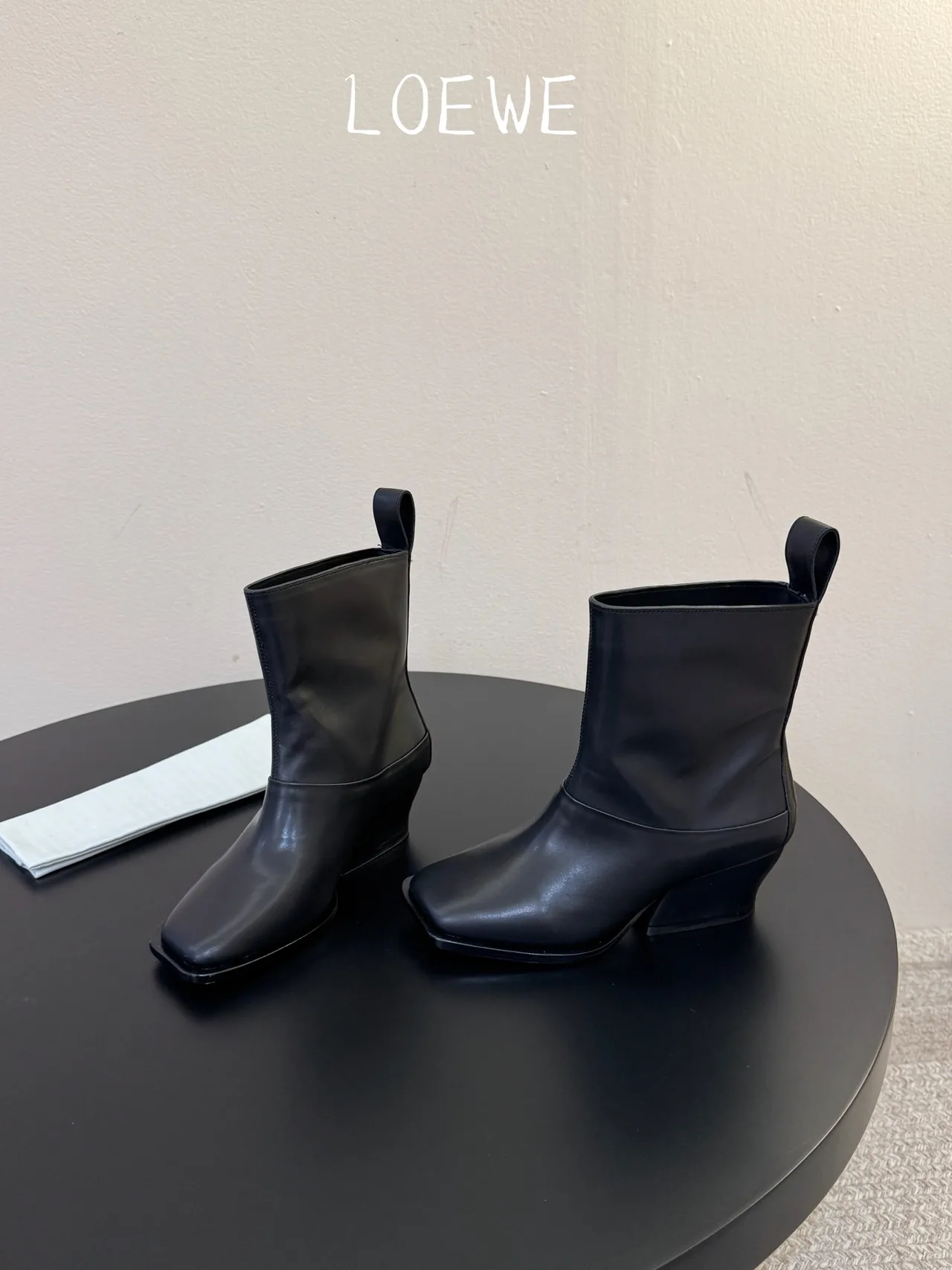Loewe Cowhide Glossy Square-Toe Ankle Boots in Black · view 3