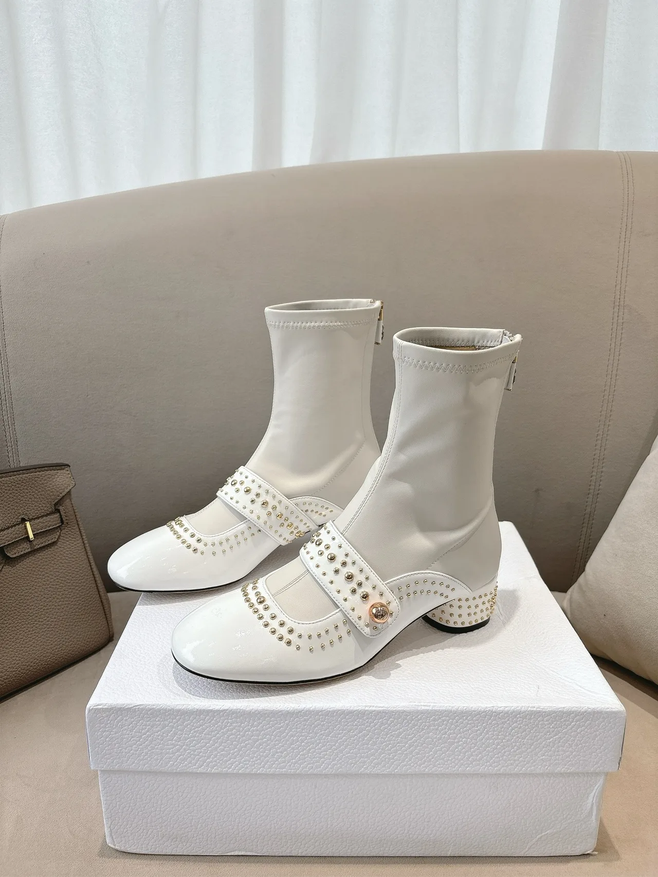 Dior Sheepskin Patent Leather Glossy Studded Ankle Boots in White · view 3
