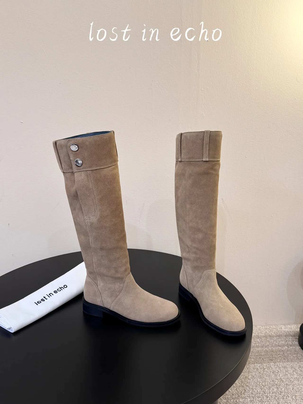 Lost in Echo Suede-Look Round-Toe Knee-High Boots in Beige · view 3