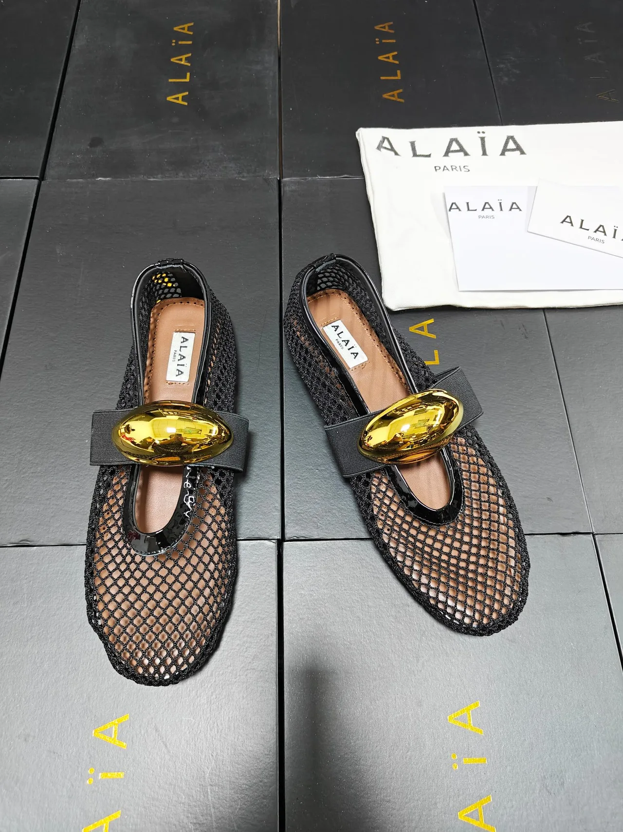 Alaia Cowhide Sheepskin Pointed-Toe Mesh Ballet Flats in Black · view 2