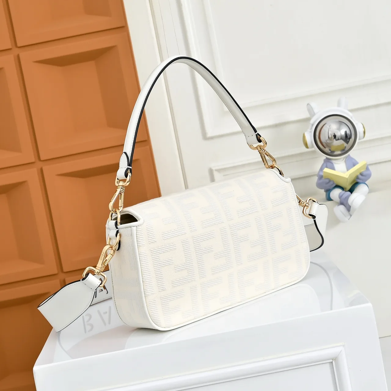 Fendi Canvas FF Monogram Baguette Bag in White · view 2