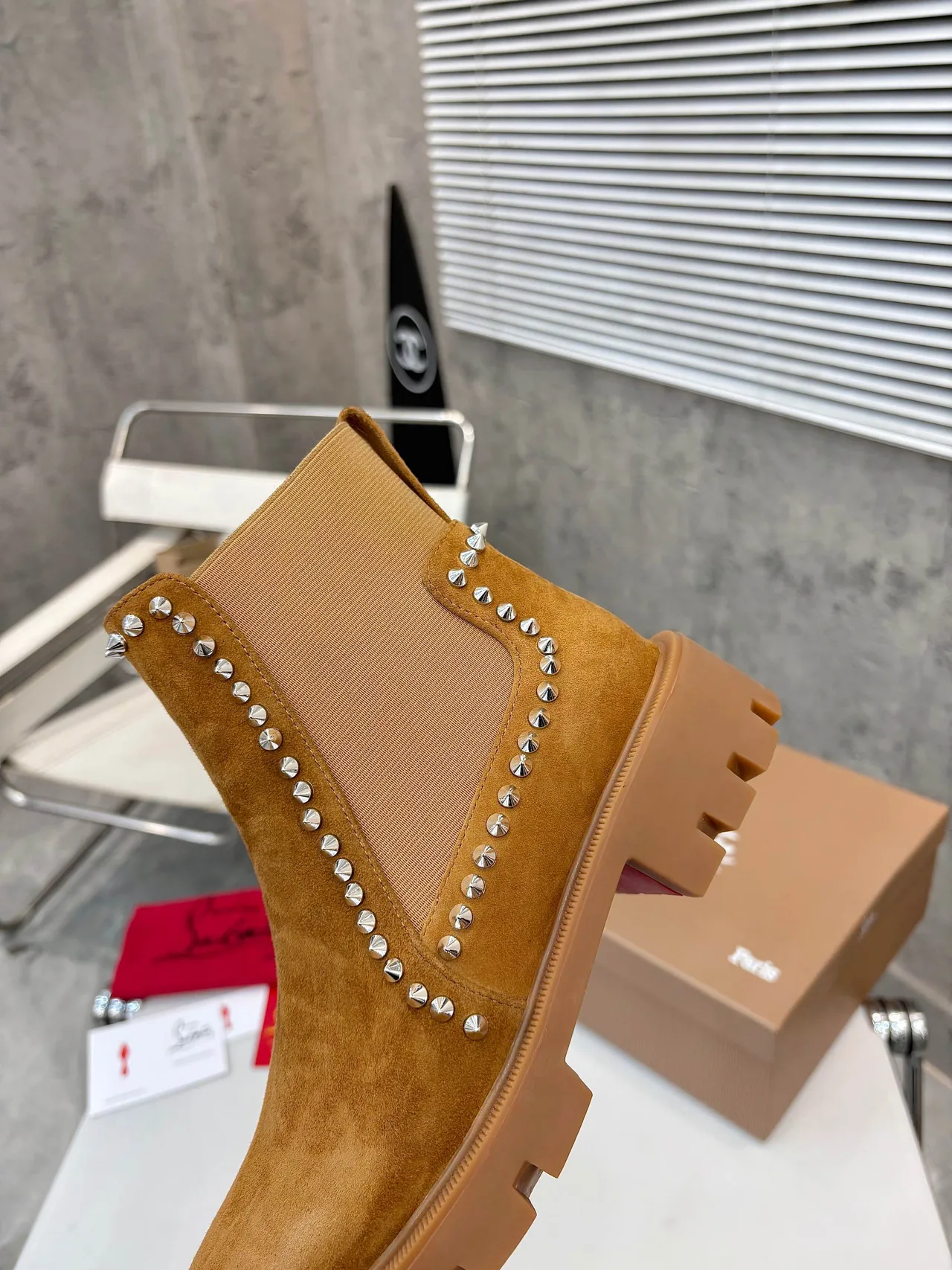 Christian Louboutin Stud-trim ankle boots in Black & Tan · view 7