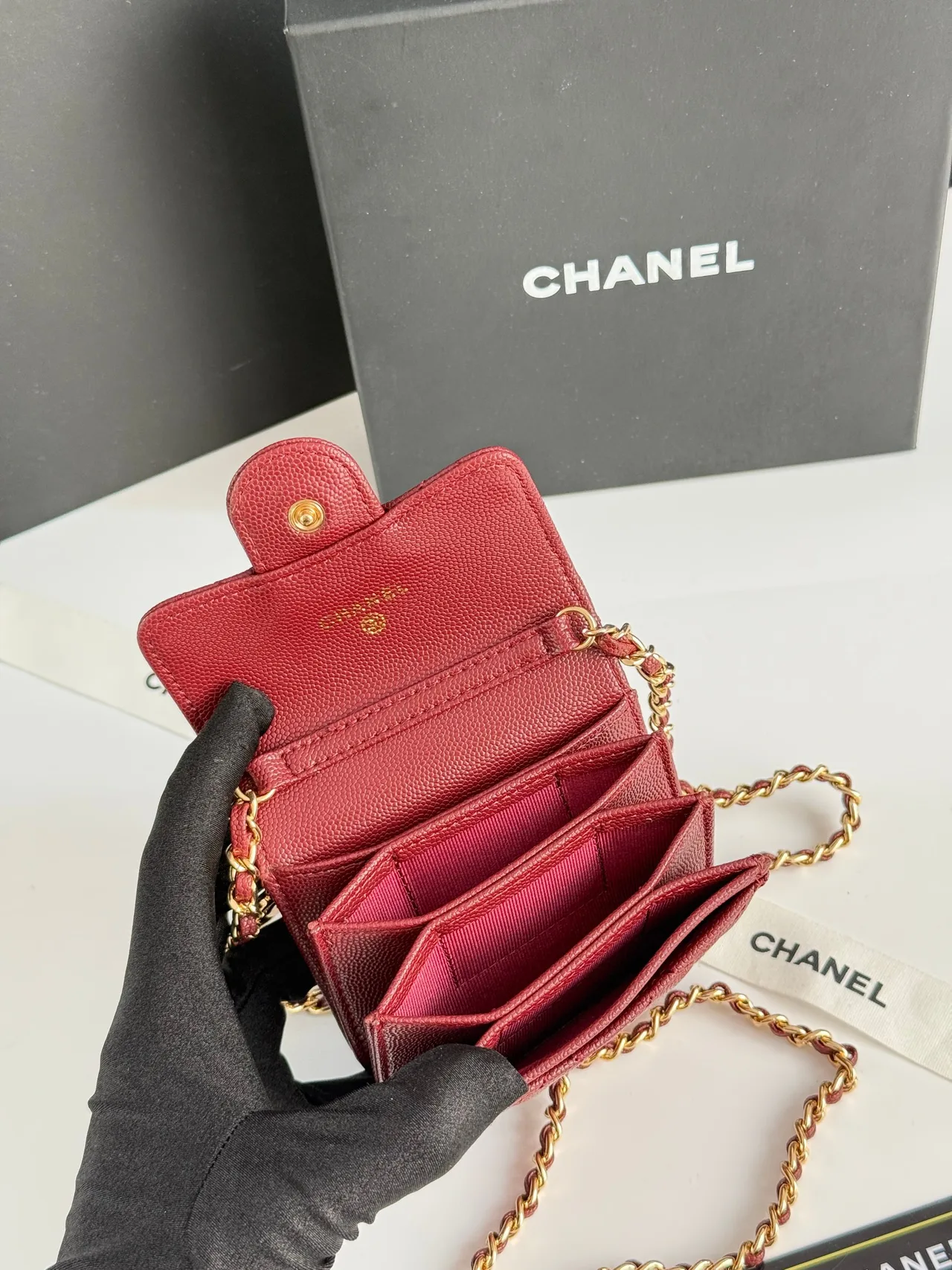 Chanel Quilted Chain Mini Wallet in Burgundy · view 8
