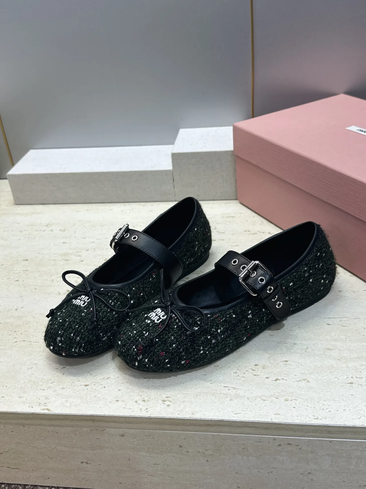 Miu Miu Calfskin Smooth Bow Buckle Mary Jane Flats in Green · view 3