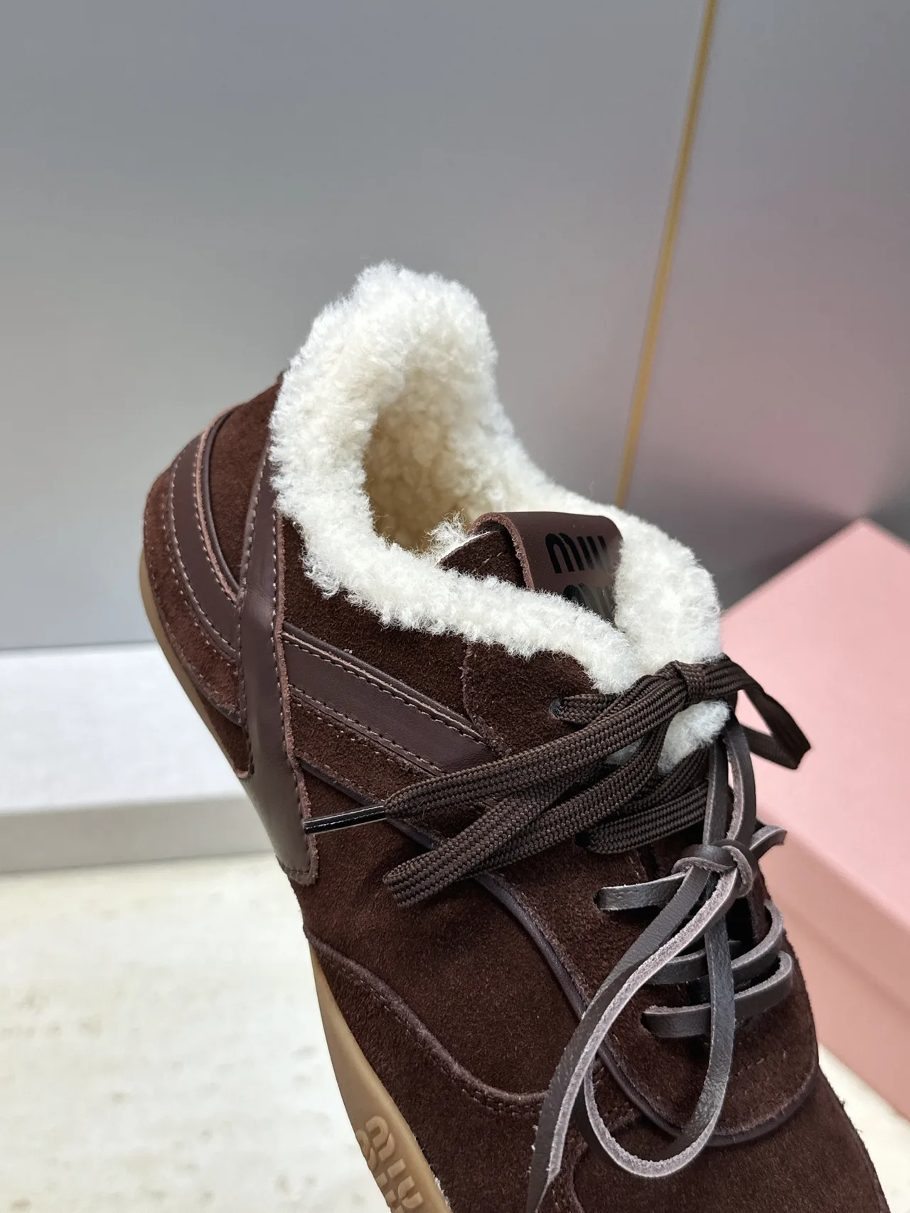 Miu Miu Suede-Look Round-Toe Sneakers in Brown · view 8