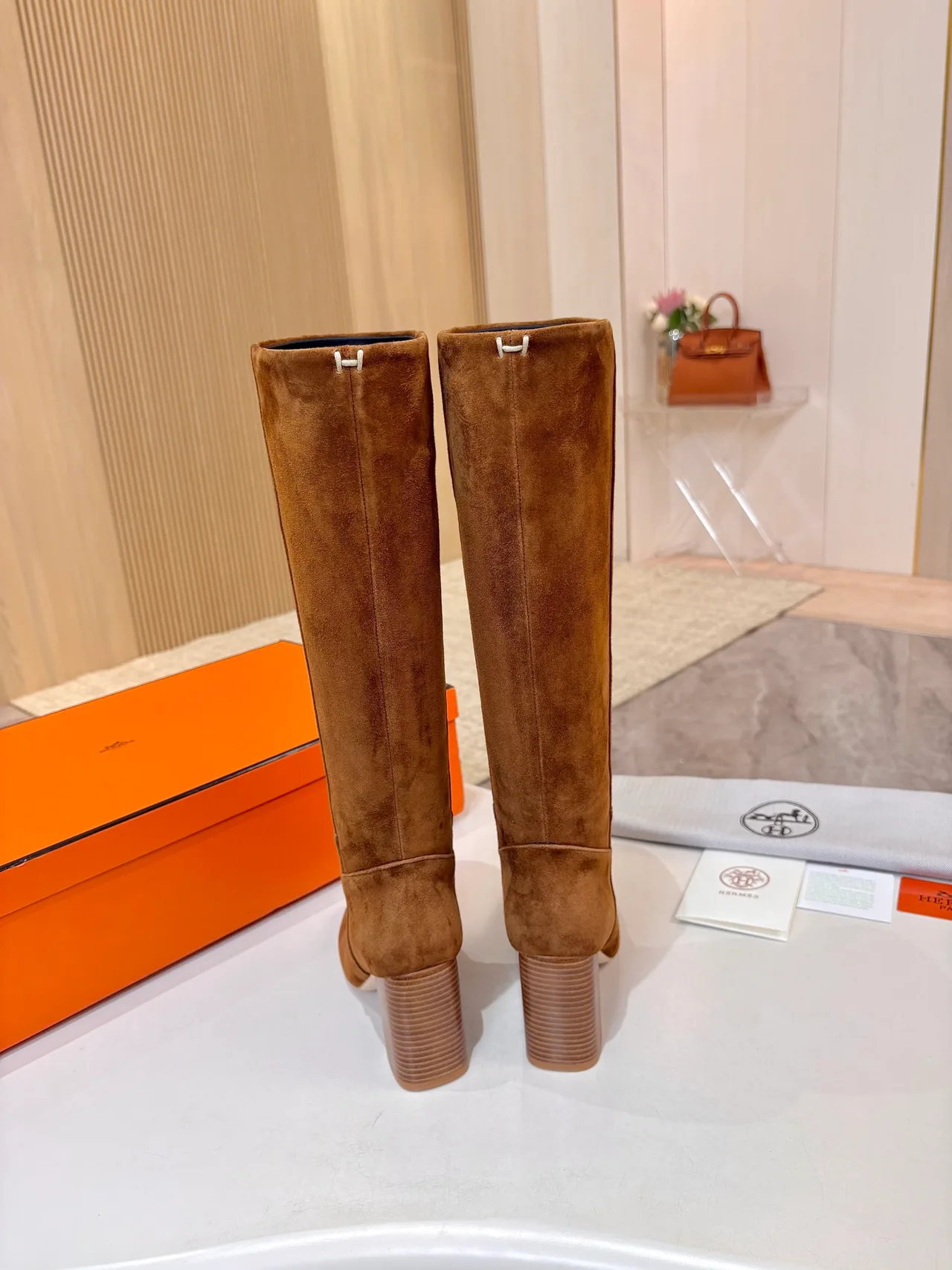Hermes Suede-Look Round-Toe Knee-High Boots in Brown · view 5