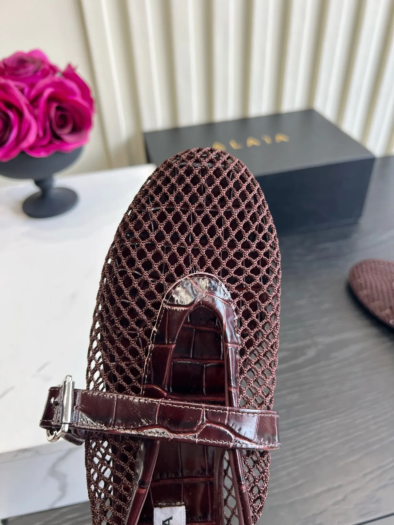 Alaia Sheepskin Mesh Mary Jane Flats in Burgundy · view 6