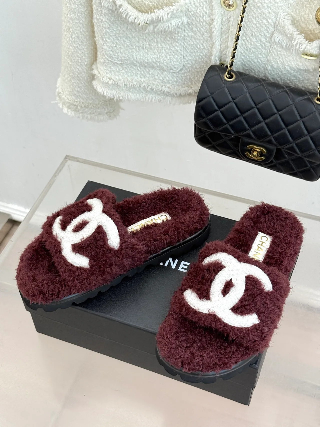 Chanel Denim Slippers in Burgundy · view 3