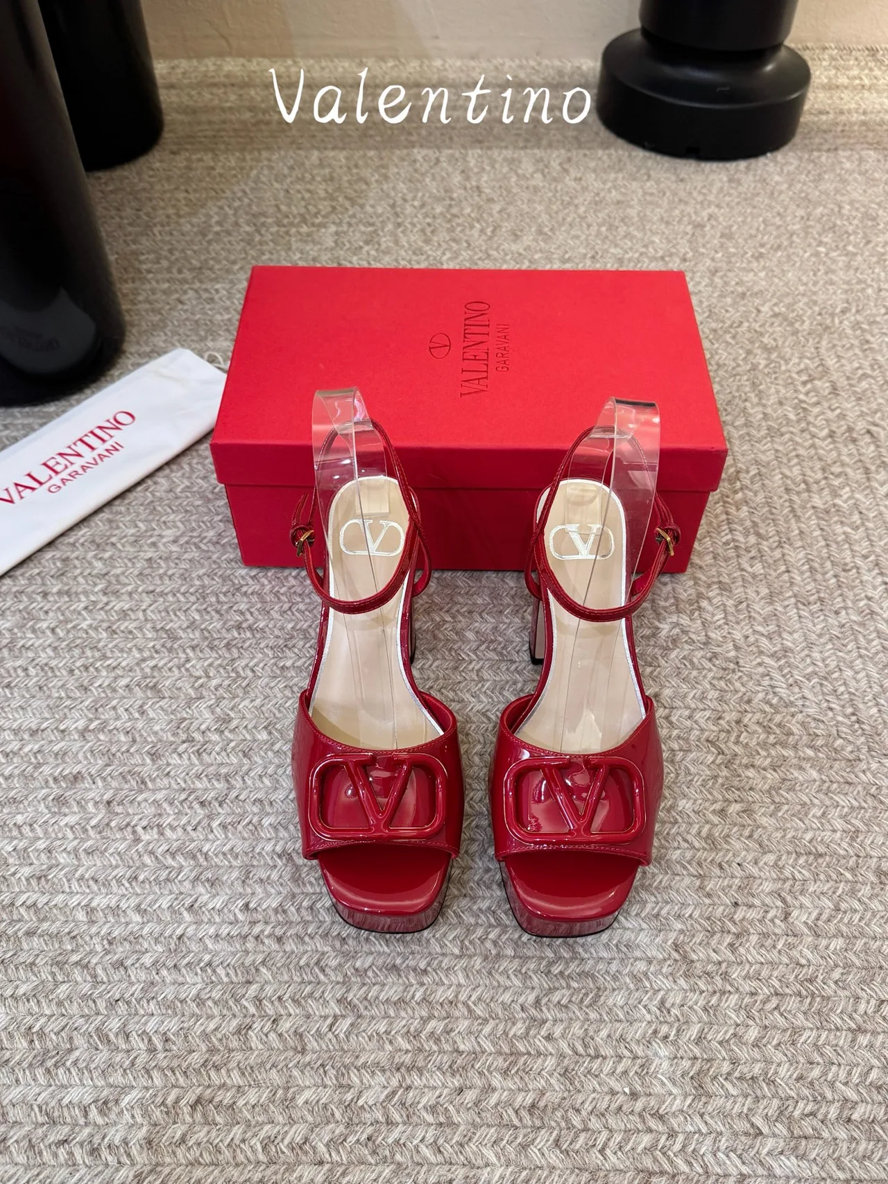 Valentino Patent Leather Glossy Square-Toe Sandals in Red · view 1
