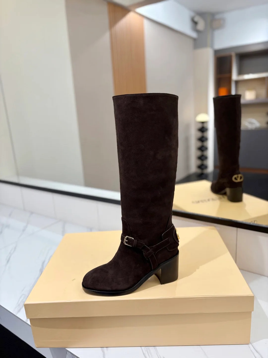 Valentino Calfskin Suede-Look Buckle Knee-High Boots in Brown · view 5