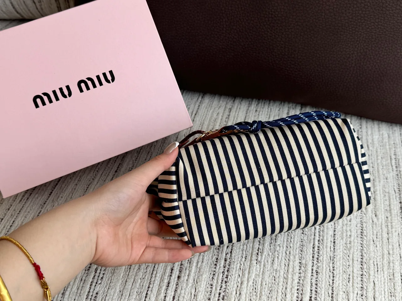 Miu Miu Striped Glossy Hobo Bag in Blue · view 4