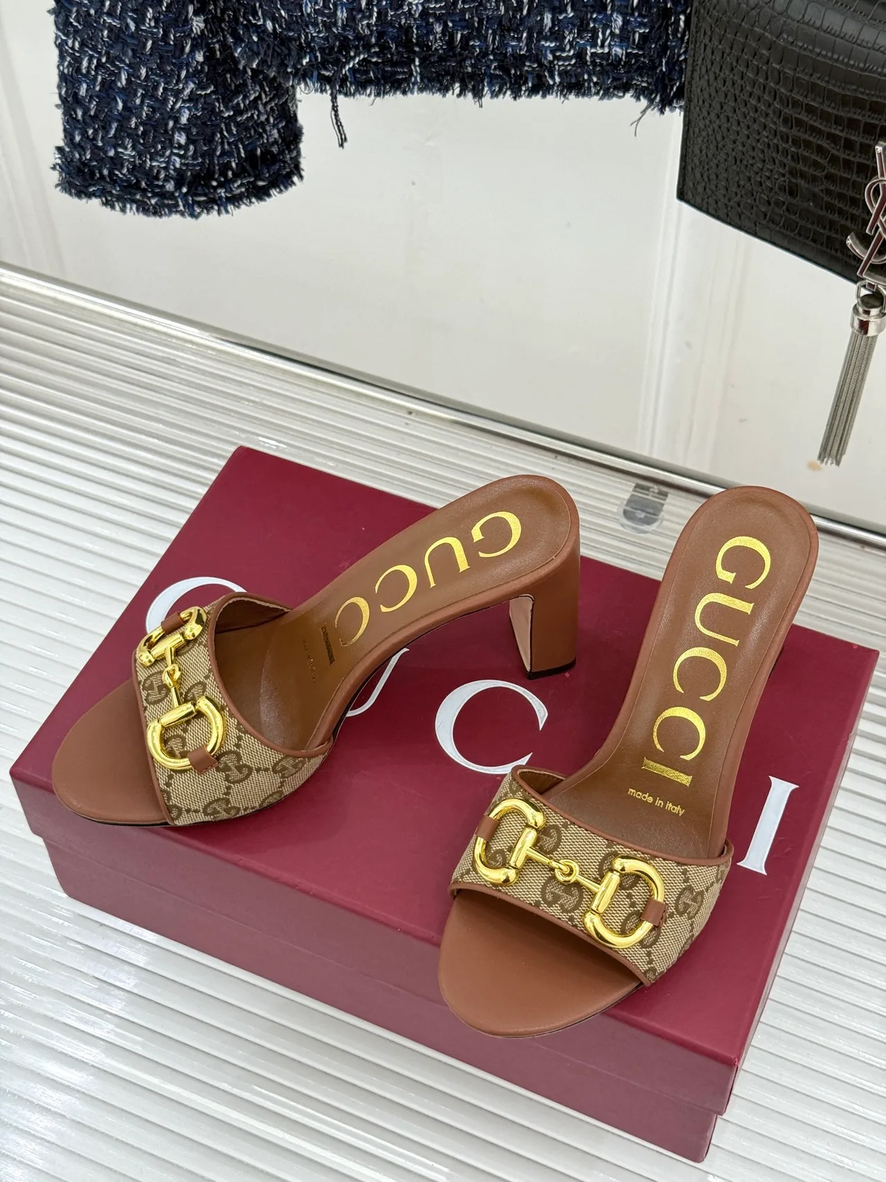 Gucci Canvas Denim Smooth Heeled Mules in Brown · view 2