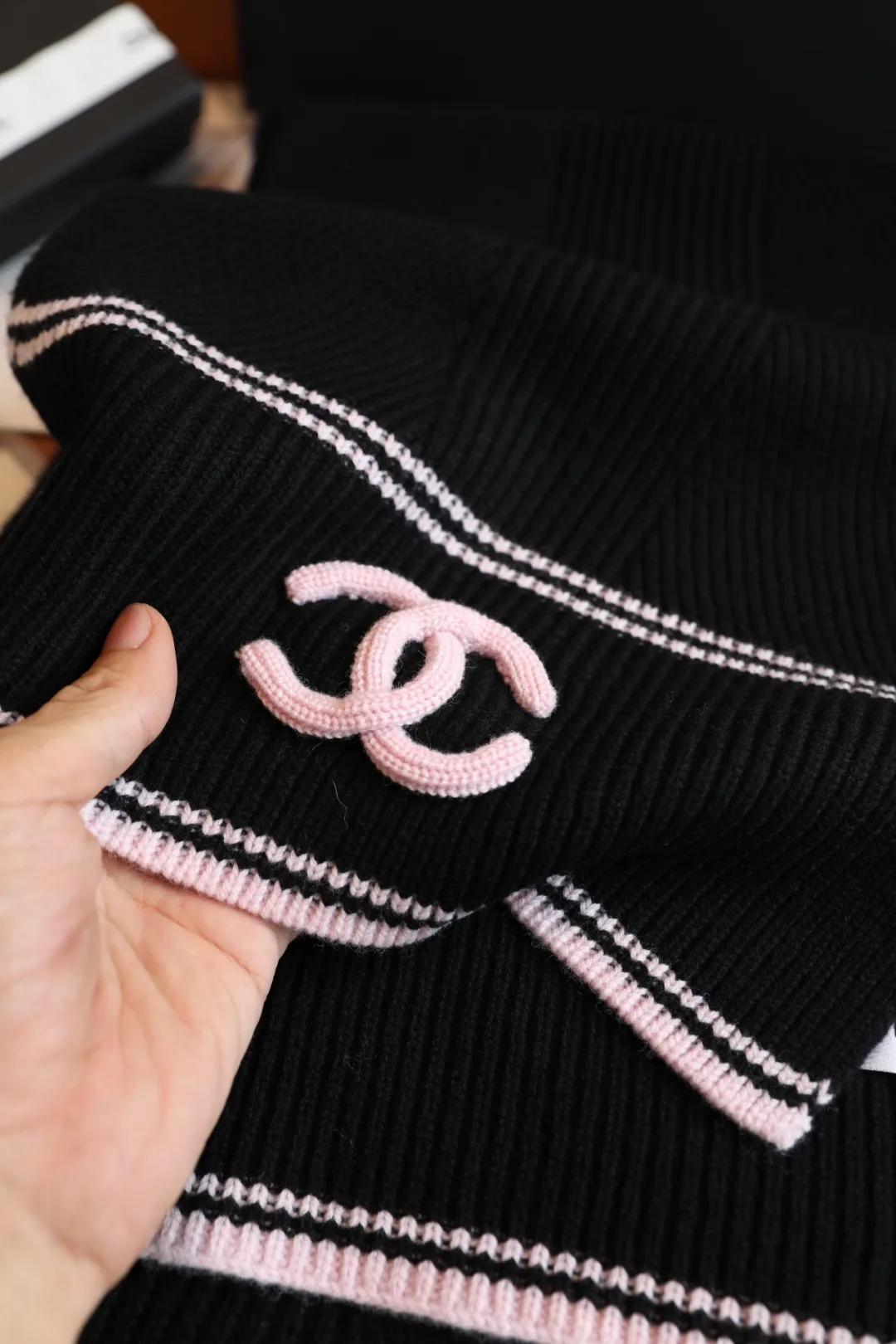 Chanel Wool Cashmere Striped Scarf in Black · view 9