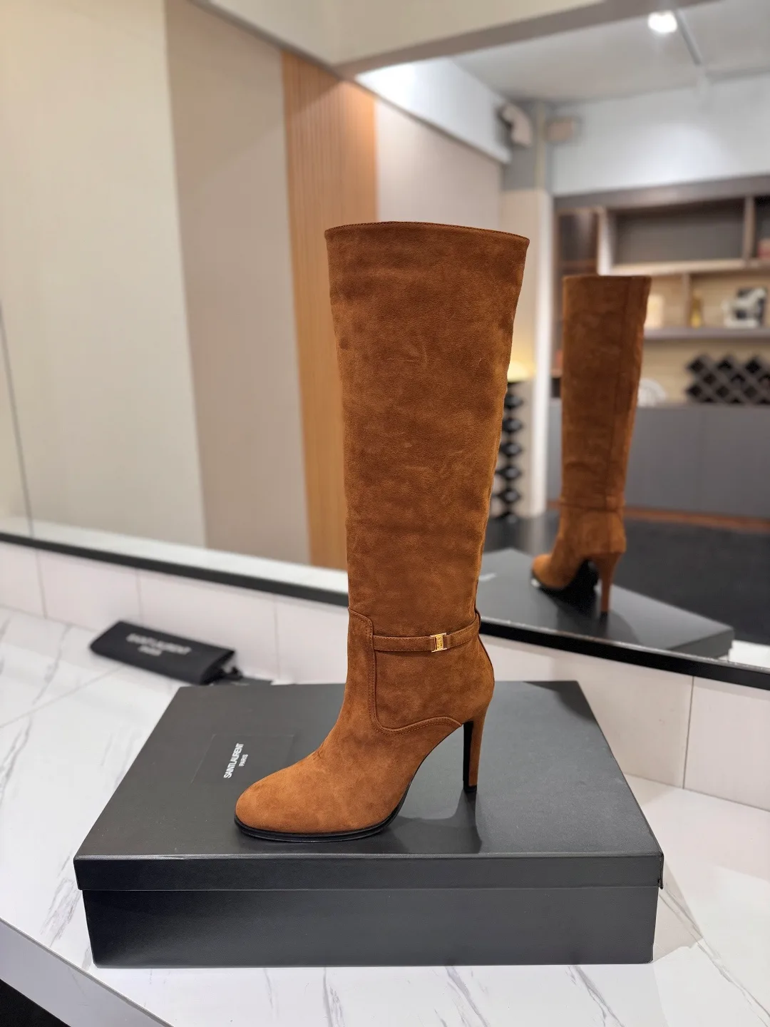 Saint Laurent Cowhide Sheepskin Glossy Suede-Look Buckle Knee-High Boots in Brown · view 6