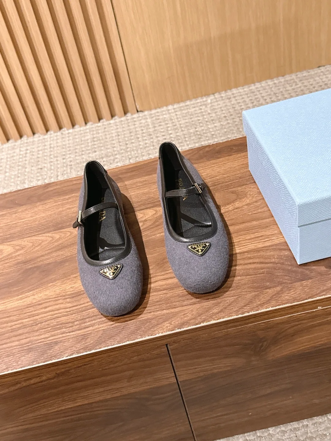 Prada Smooth Round-Toe Mary Jane Flats in Grey · view 2