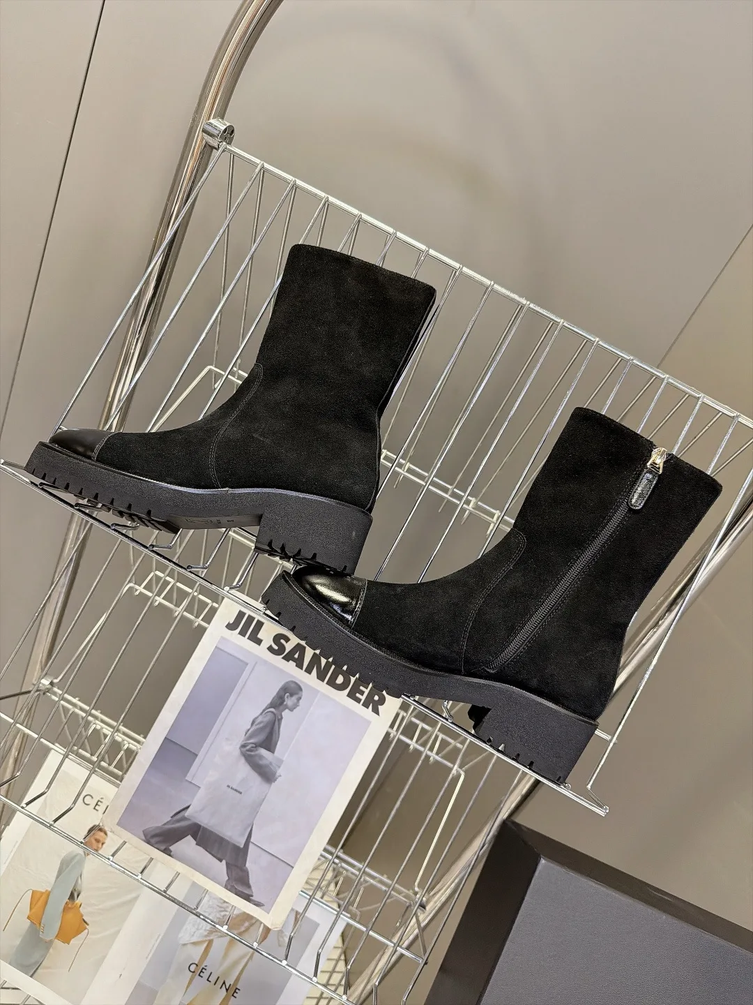 Chanel Cowhide Patent Leather Suede-Look Pointed-Toe Ankle Boots in Black · view 5