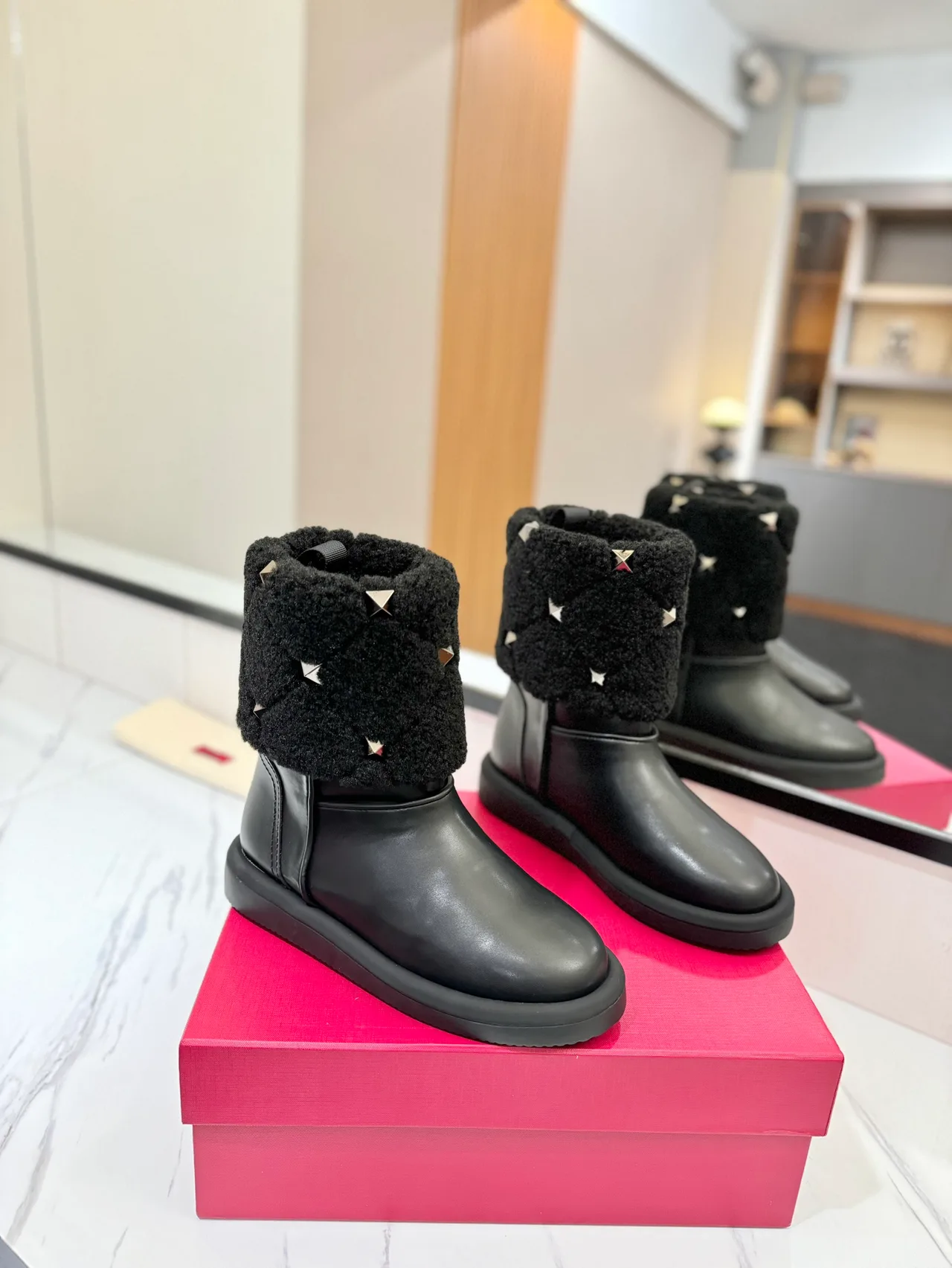 Valentino Cowhide Glossy Round-Toe Boots in Black · view 1