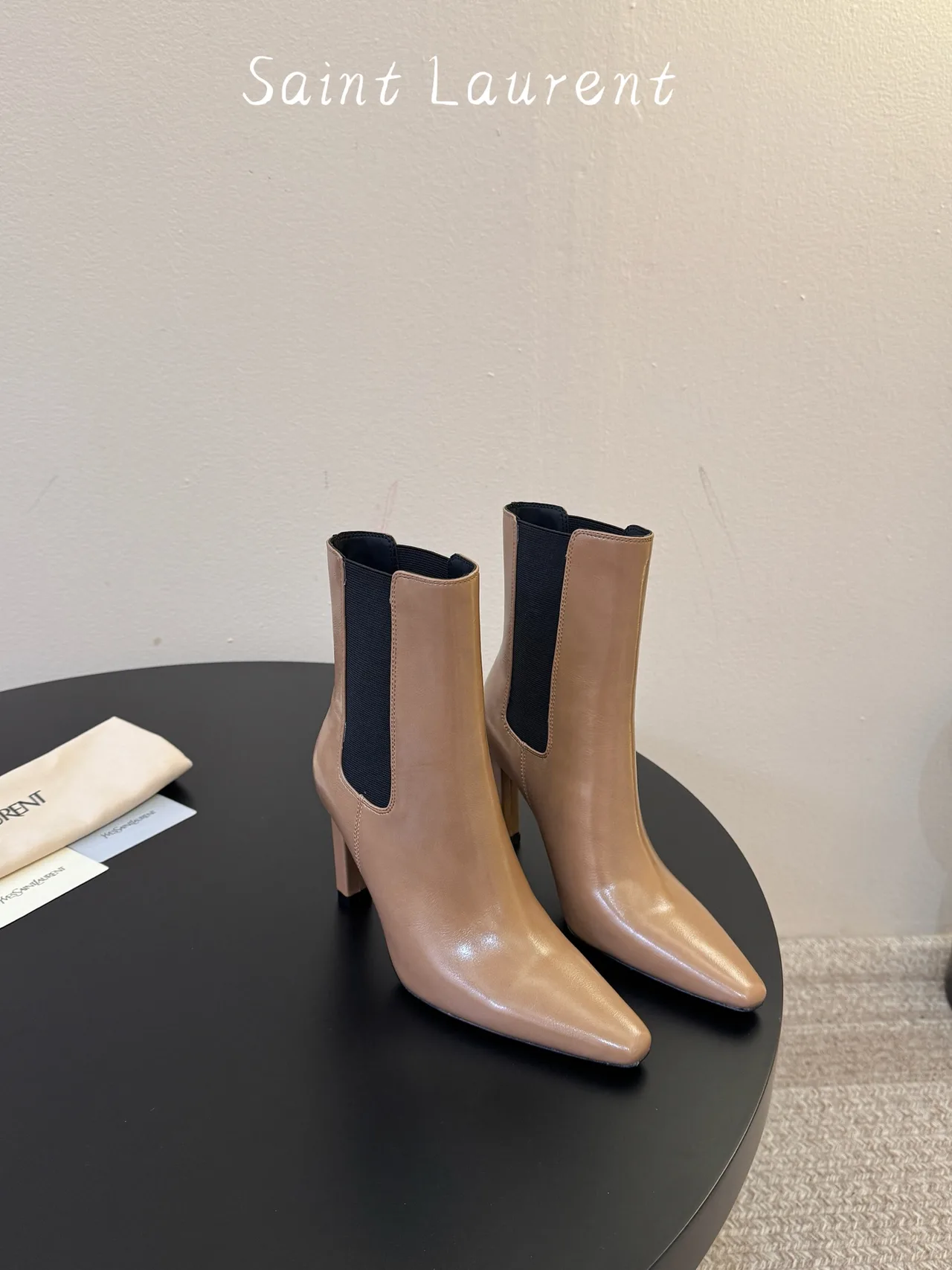 Saint Laurent Cowhide Sheepskin Glossy Pointed-Toe Chelsea Heel Boots in Beige · view 4