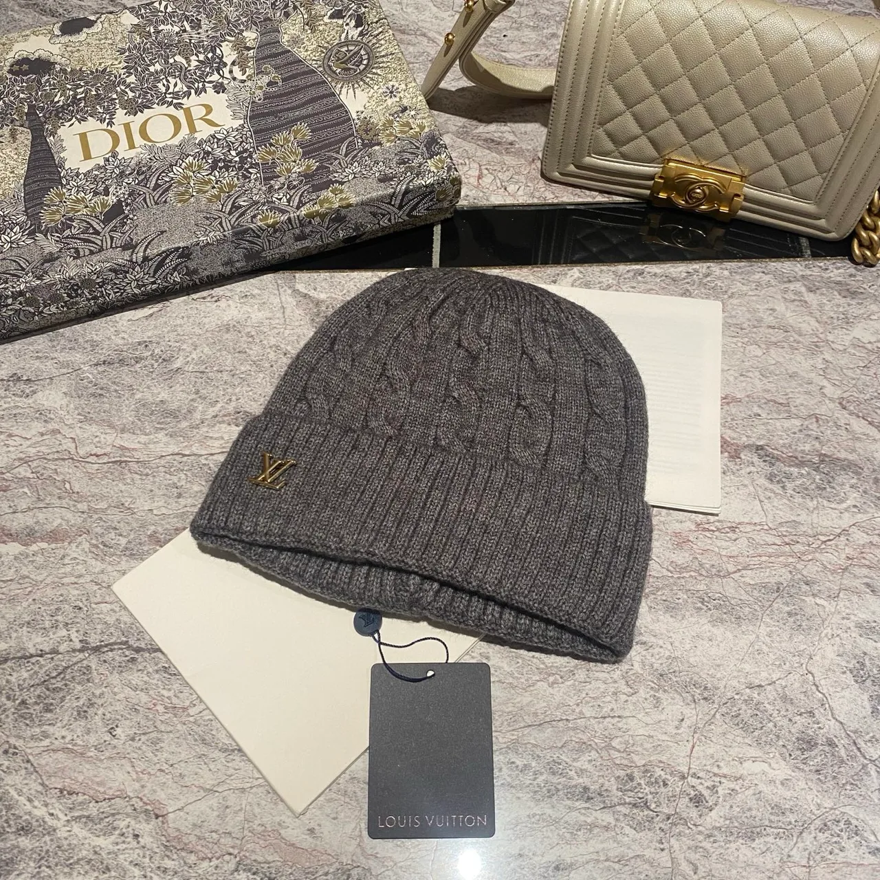 Louis Vuitton Cable-Knit LV Beanie in Grey & Cream & Pink & White & Tan & Burgundy & Blue & Black · view 5