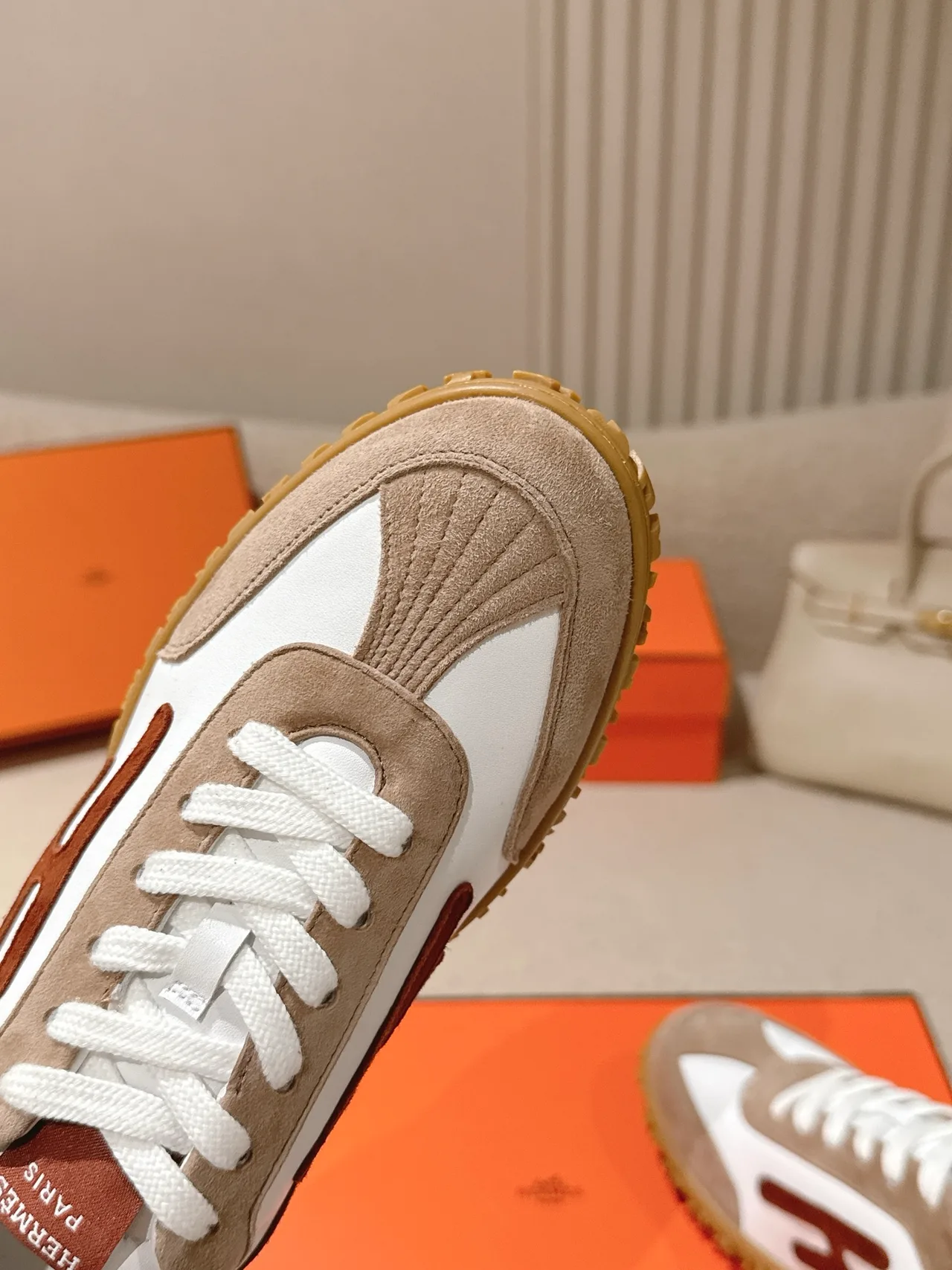 Hermes Sheepskin Suede Round-Toe Sneakers in White · view 6