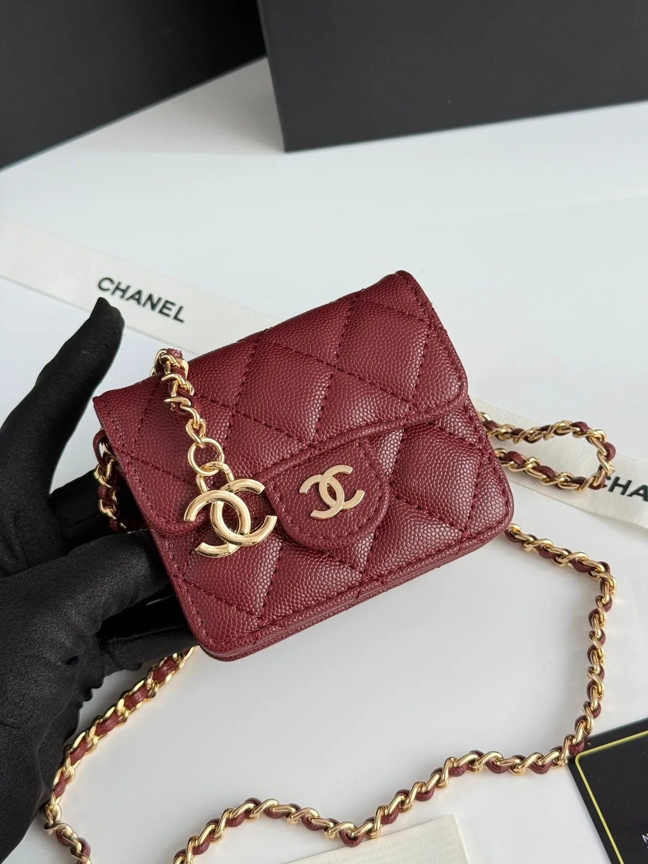 Chanel Quilted Chain Mini Wallet in Burgundy · view 4