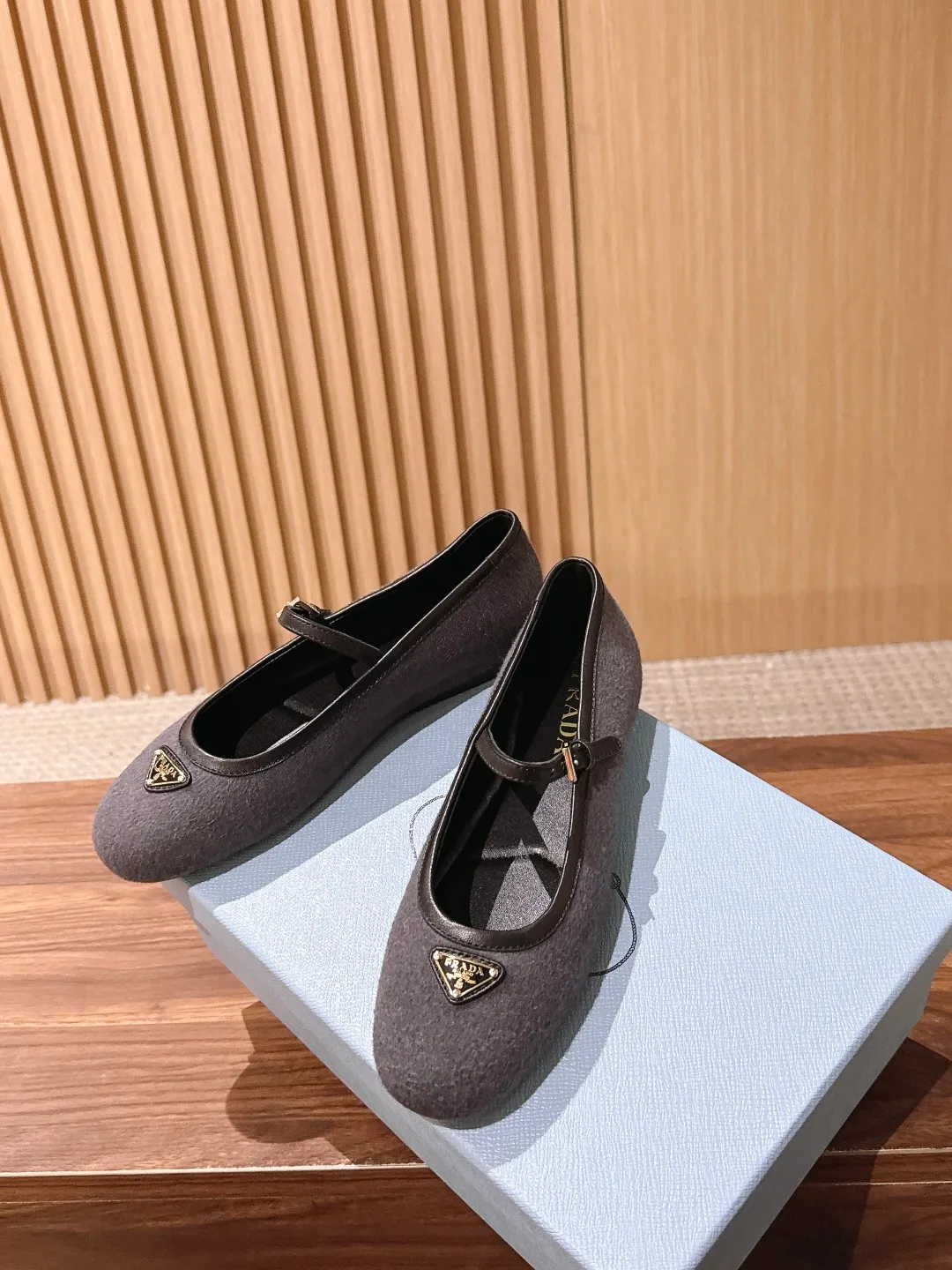Prada Smooth Round-Toe Mary Jane Flats in Grey · view 3