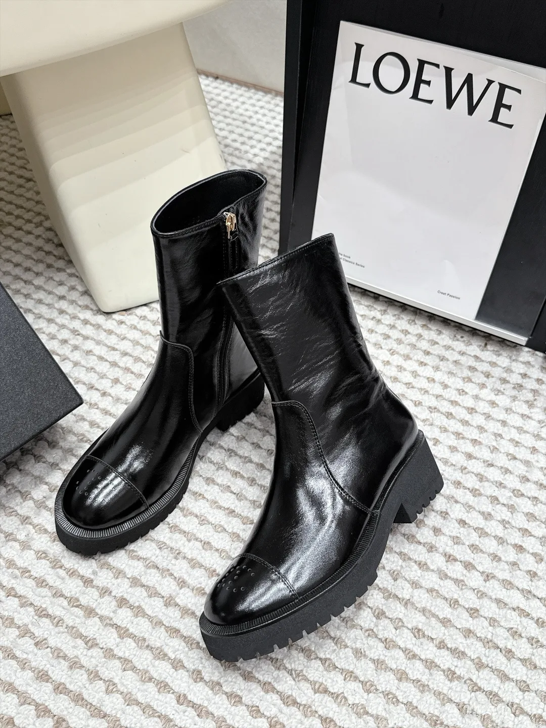 Loewe Cowhide Glossy Round-Toe Ankle Boots in Black · view 5