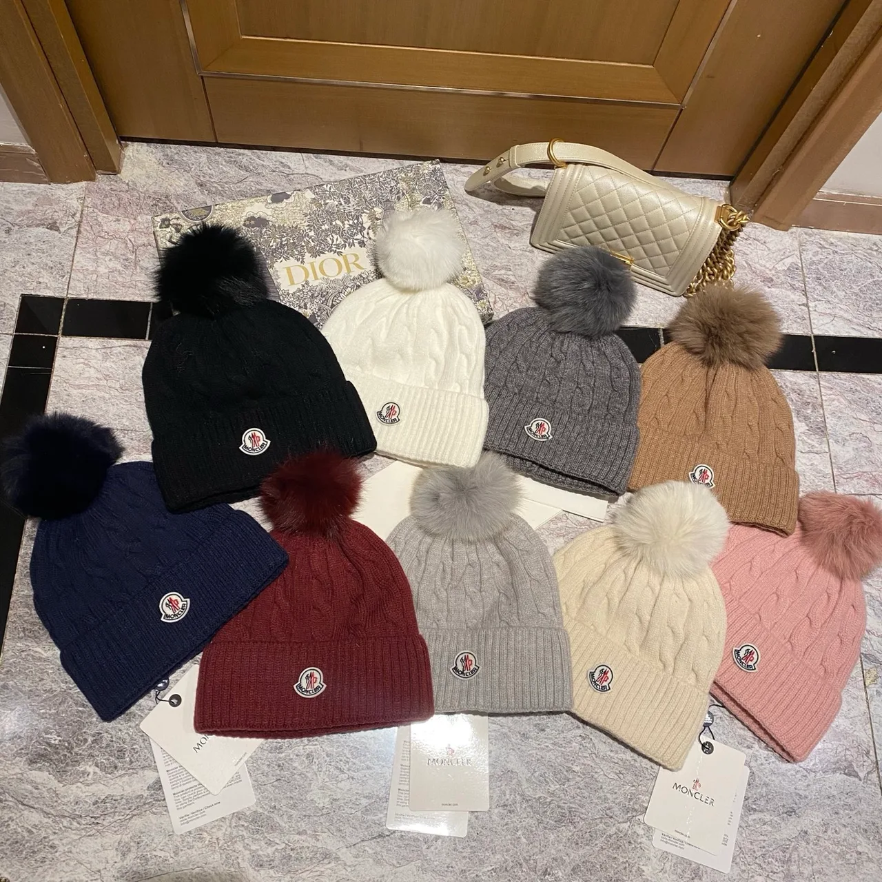 Moncler Pom-Pom Beanie in Black & White & Grey & Tan & Blue & Burgundy & Cream & Pink · view 8