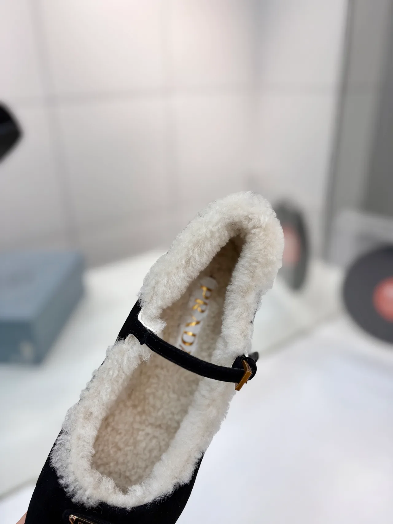 Prada Buckle Fur-Lined Mary Jane Flats in Black · view 7