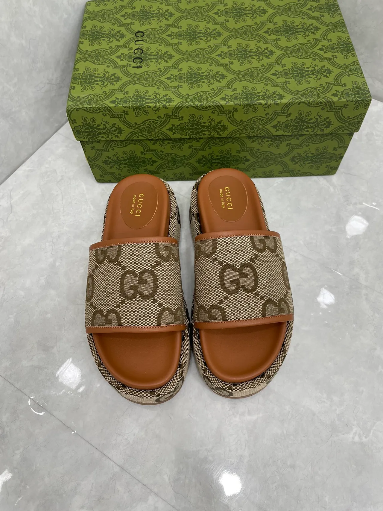 Gucci Platform Slides in Beige · view 1