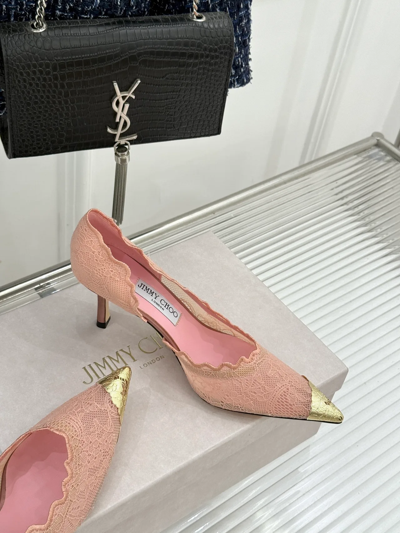 Jimmy Choo Pointed-Toe Lace Heel Pumps in Pink · view 5