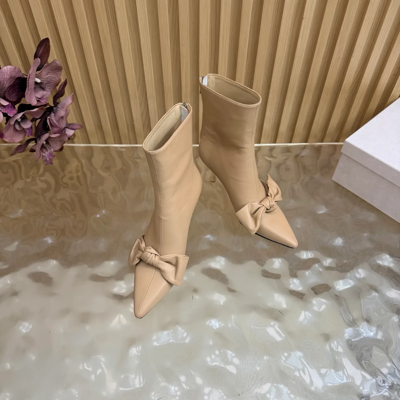 Jimmy Choo Cowhide Glossy Pointed-Toe Bow Ankle Boots in Beige · view 6