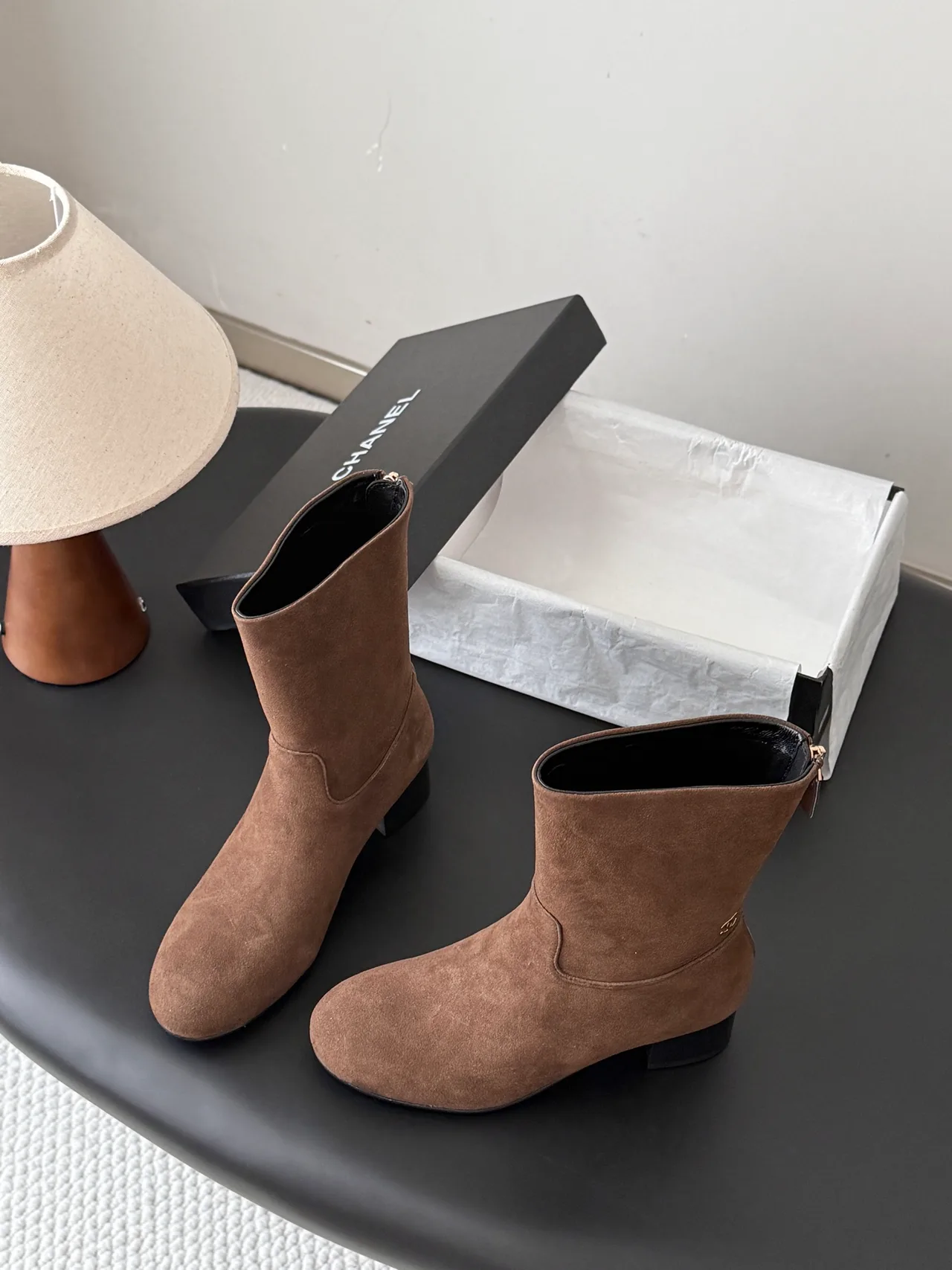 Chanel Sheepskin Glossy Suede-Look Round-Toe Ankle Boots in Brown · view 5