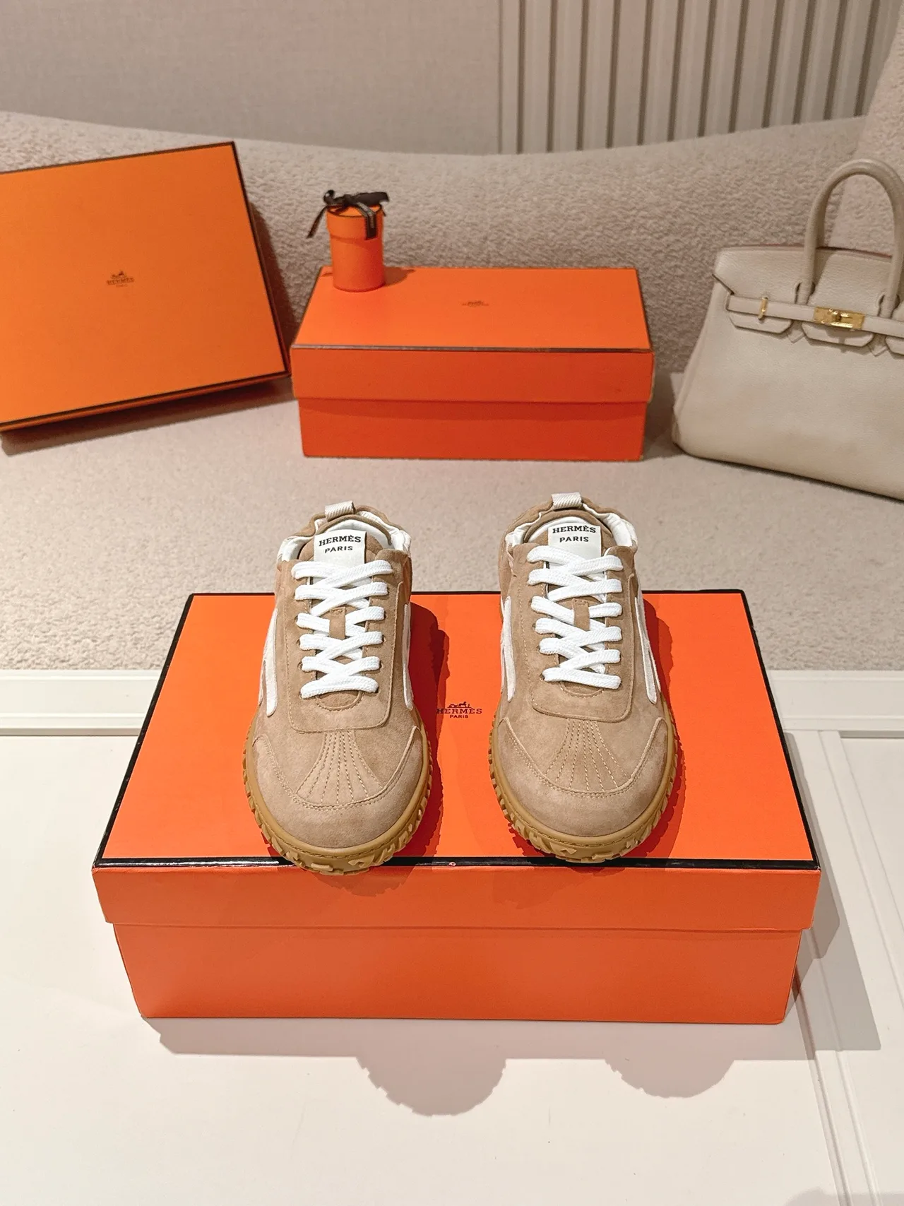 Hermes Sheepskin Suede Sneakers in Tan · view 1