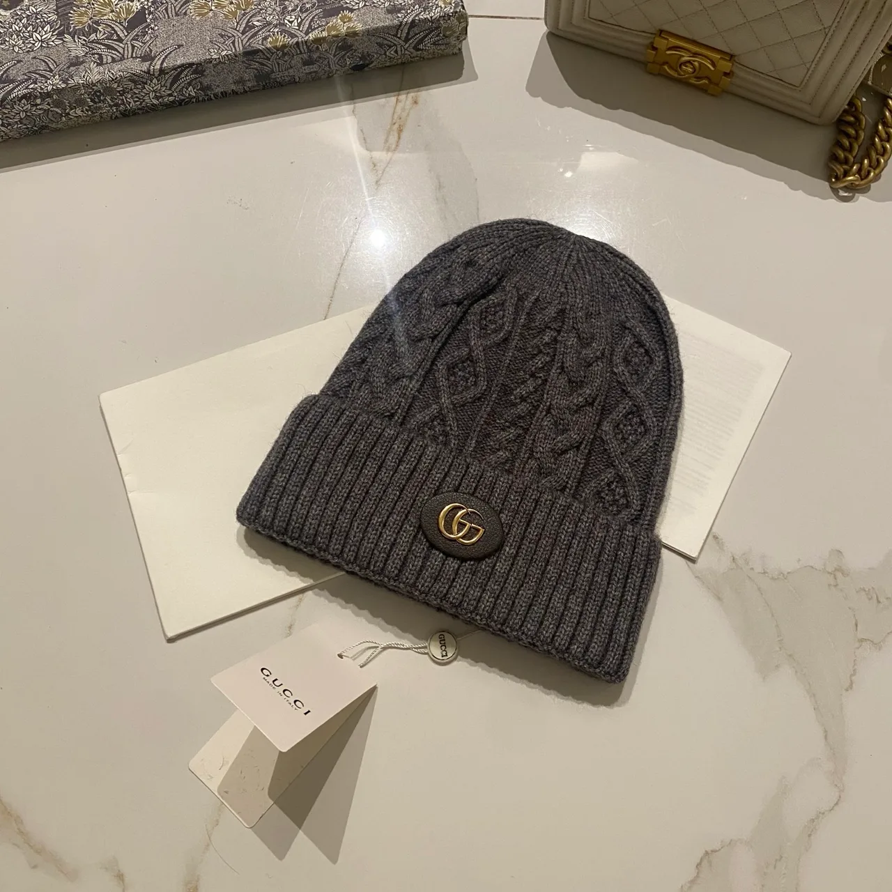 Gucci Cable-Knit Beanie in Black & Grey & White & Cream & Tan · view 2