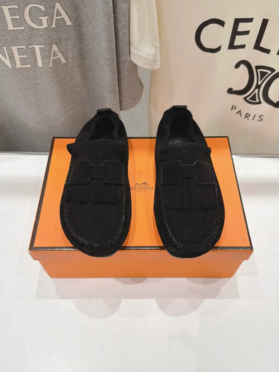 Celine Suede-Look Round-Toe Loafers in Black · view 1