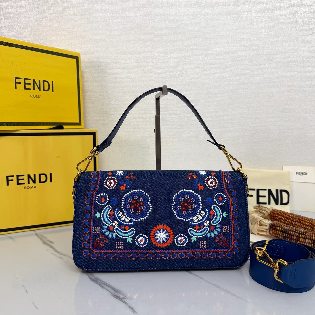 Fendi Baguette Embroidered Floral Flap Shoulder Bag in Blue · view 3