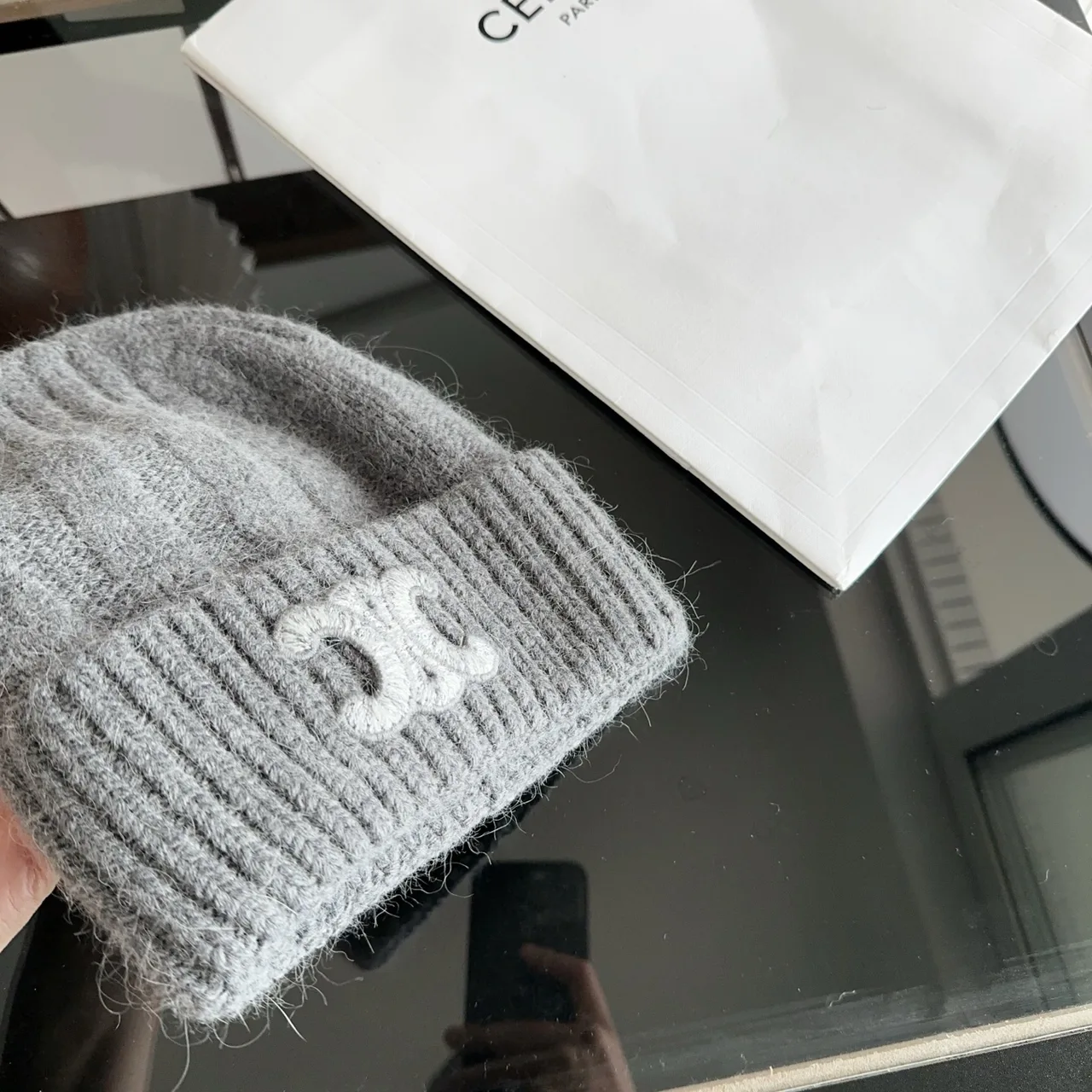 Celine Ribbed Embroidered Beanie in Grey · view 5