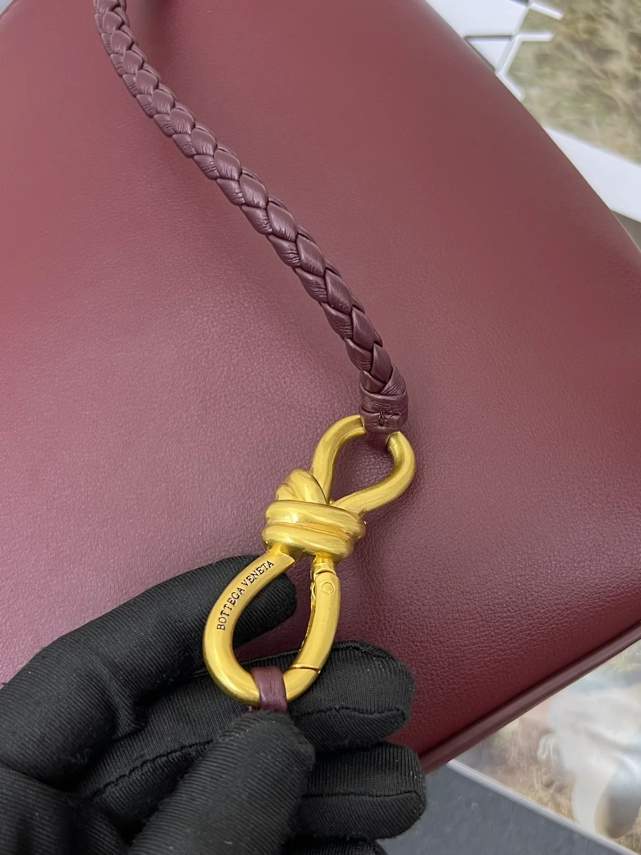 Bottega Veneta Calfskin Woven Andiamo Shoulder Bag in Burgundy · view 6