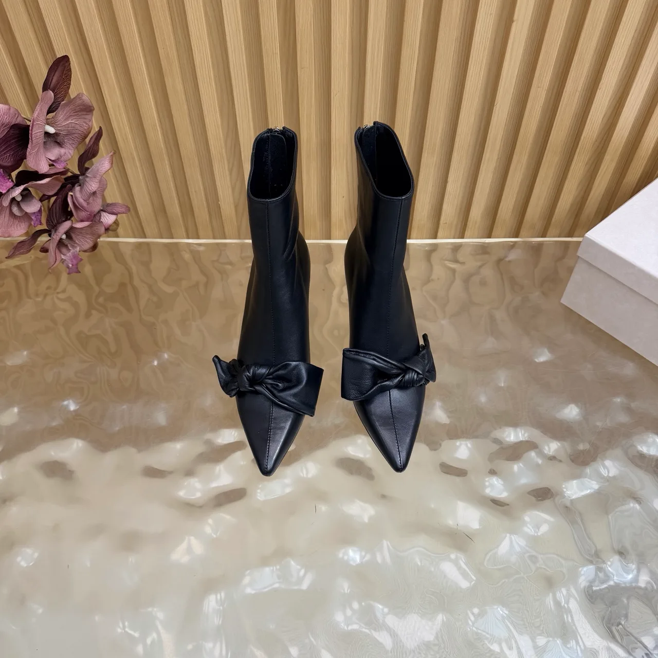 Jimmy Choo Cowhide Glossy Pointed-Toe Bow Knot Ankle Boots in Black · view 4