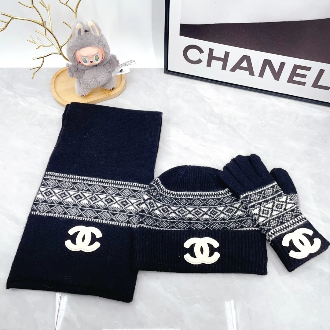 Chanel Wool Hat Scarf and Gloves Set in Blue · view 1