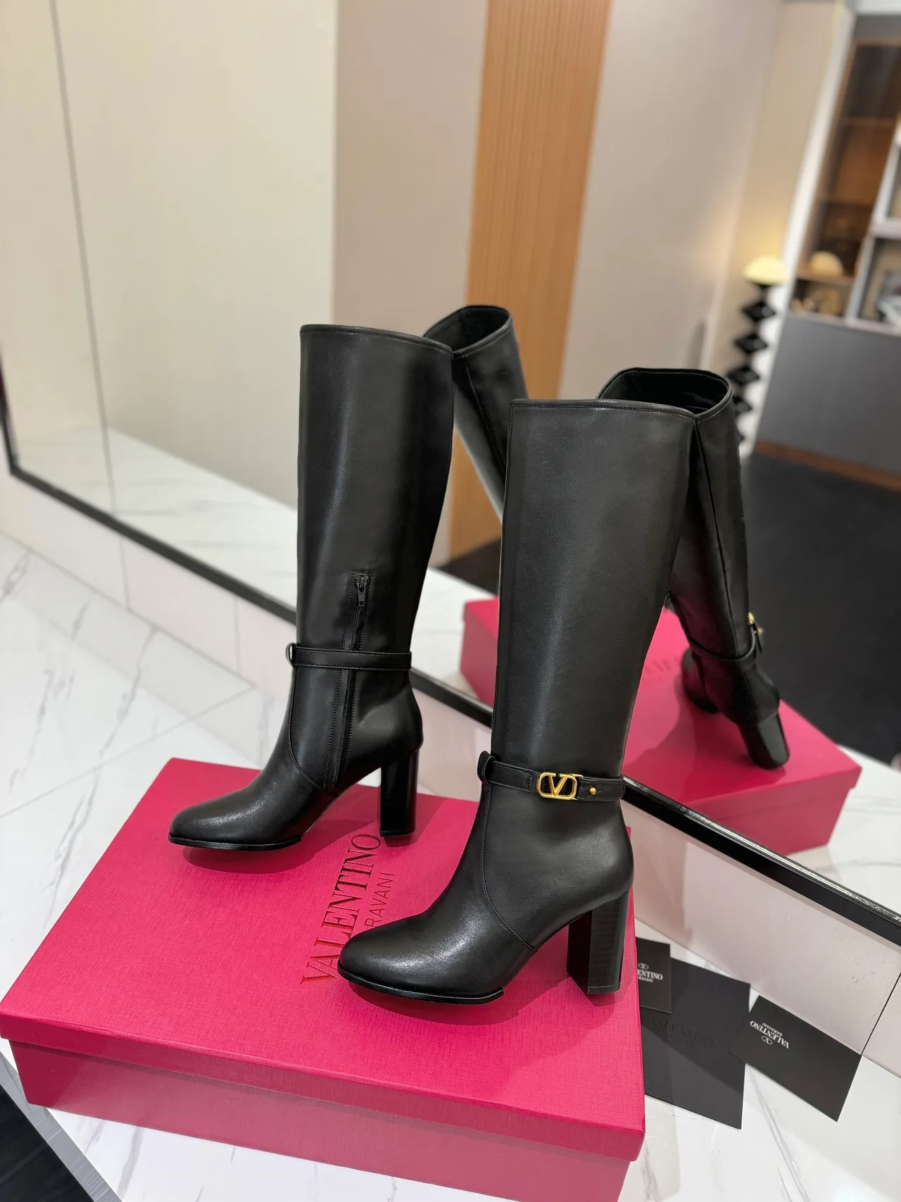Valentino Calfskin Glossy Buckle Knee-High Boots in Black · view 5